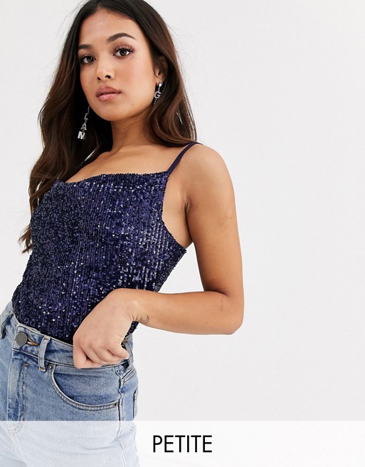 Club L London Petite sequin cowl front body in navy