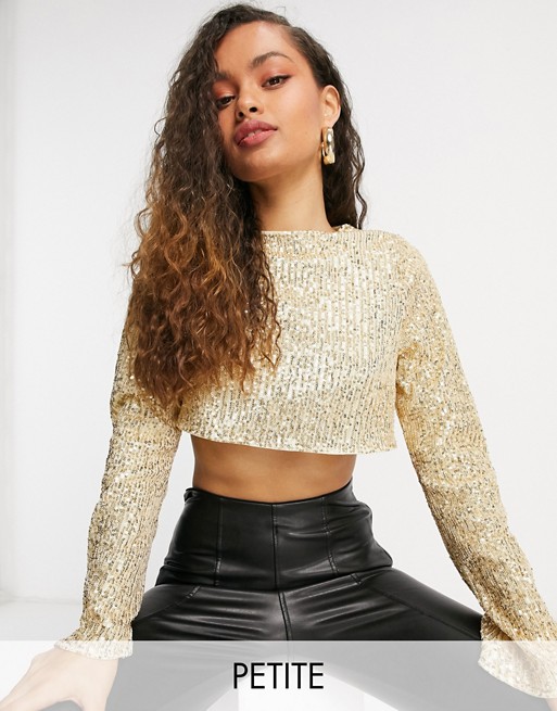 Club L London Petite sequin long sleeve crop top in light gold