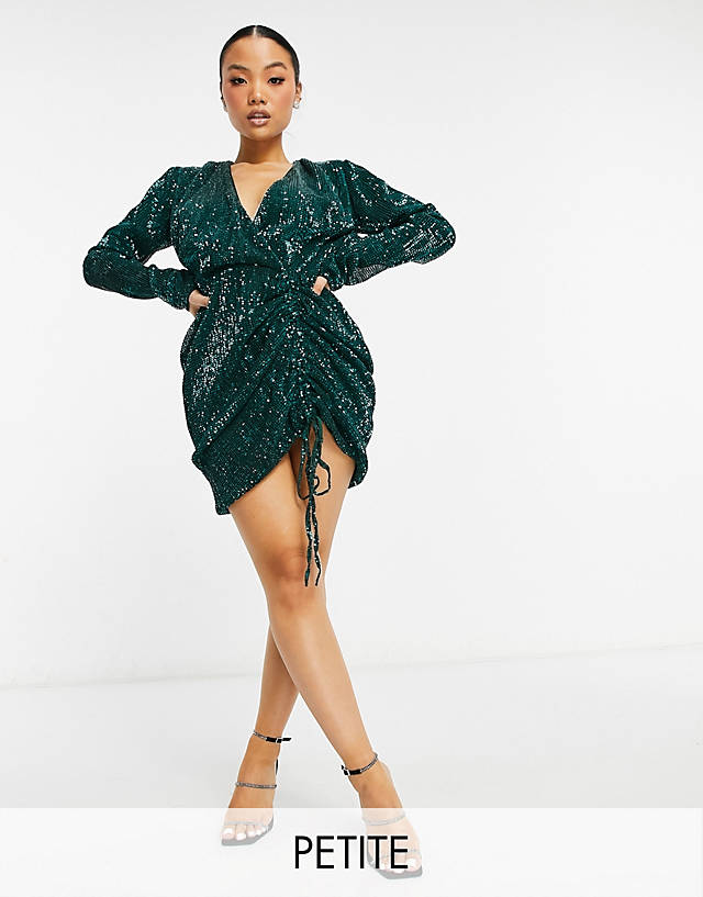Club L London Petite sequin plunge front ruched mini dress in emerald green