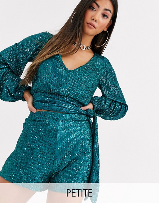Club L London Petite sequin wrap front top with tie detail co-ord in green