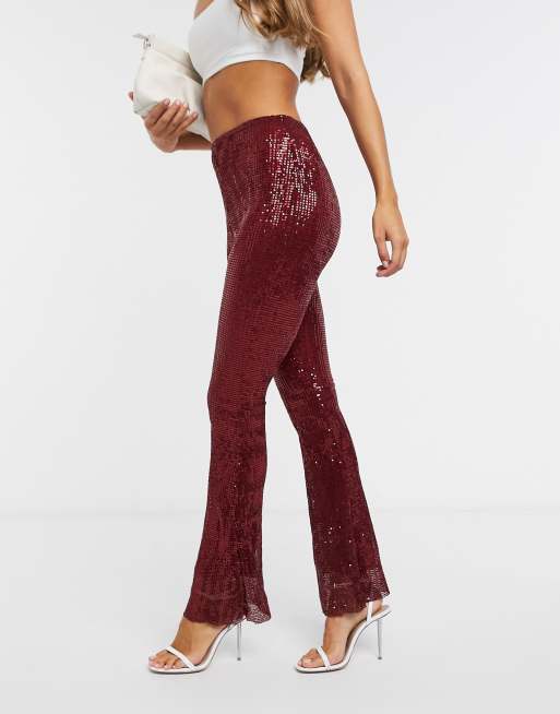 Club L London plisse sequin pants in burgundy