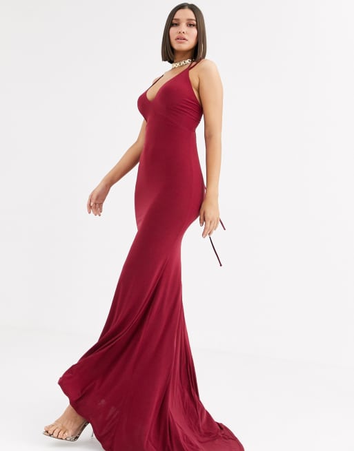 Club L London plunge front strappy back maxi dress in raspberry | ASOS