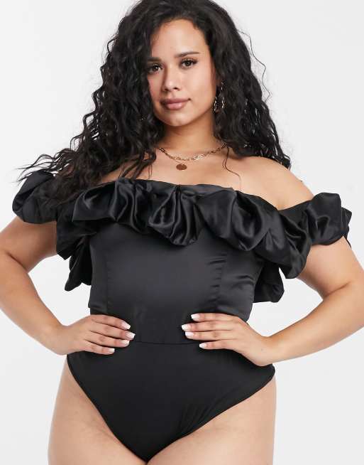 Club L London Plus extreme ruffle satin bodysuit in black