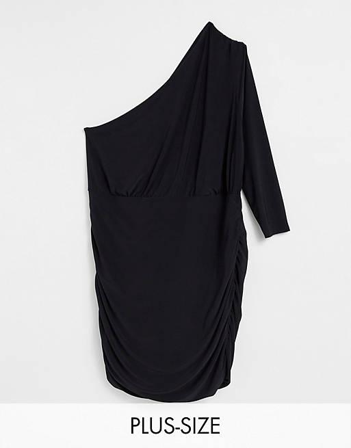 Club L London Plus - Mini jurk met blote schouder en ruches in zwart