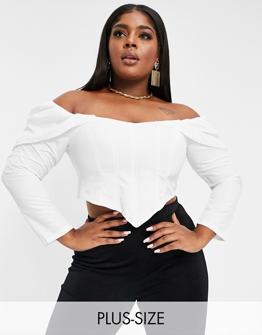 Club L London Plus off shoulder corset top with volume sleeve detail in white