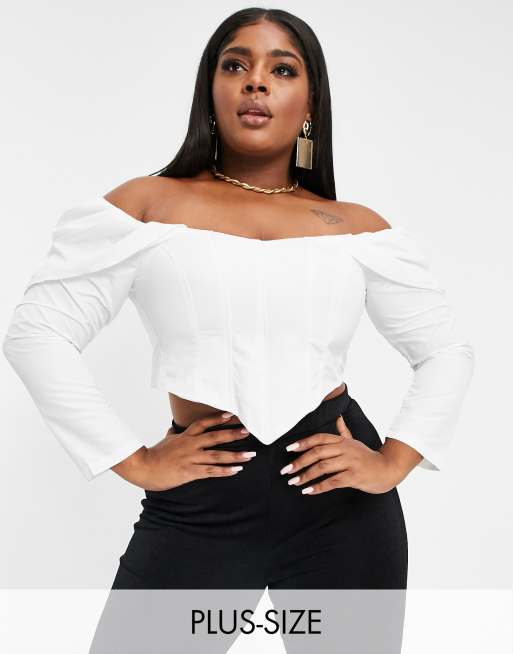 Club L London Off Shoulder Corset Top With Volume Sleeve Detail in White