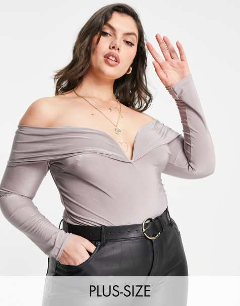 Club L London Plus off shoulder long sleeve body in mauve - view 1
