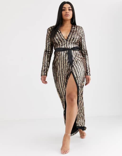 Club L London Plus plunge neck wrap front assymetric sequin dress