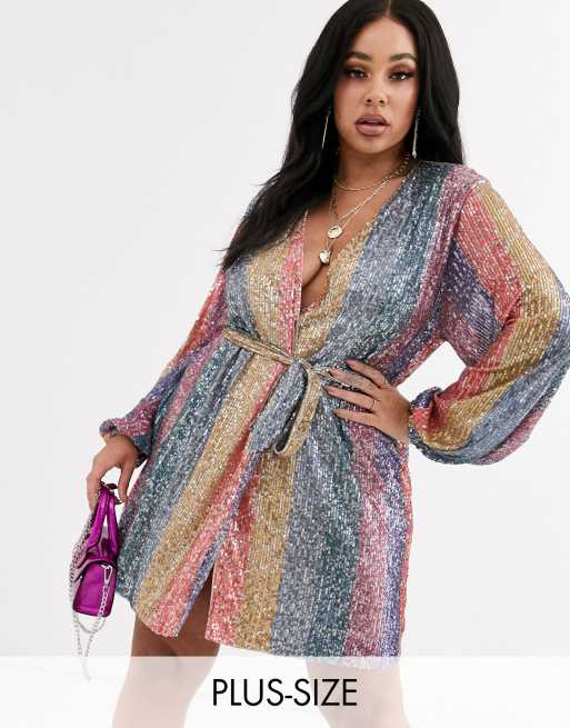 Club L London Plus - Robe cache-cœur courte à rayures ornée de sequins avec ceinture - Multicolore