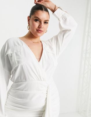 Femme Club L London Plus - Robe chemise à volants avec jupe froncée - Blanc