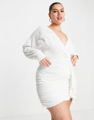 Femme Club L London Plus - Robe chemise à volants avec jupe froncée - Blanc