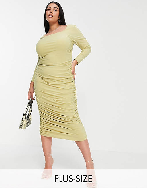 Club L London Plus ruched long sleeve open back midi dress in sage