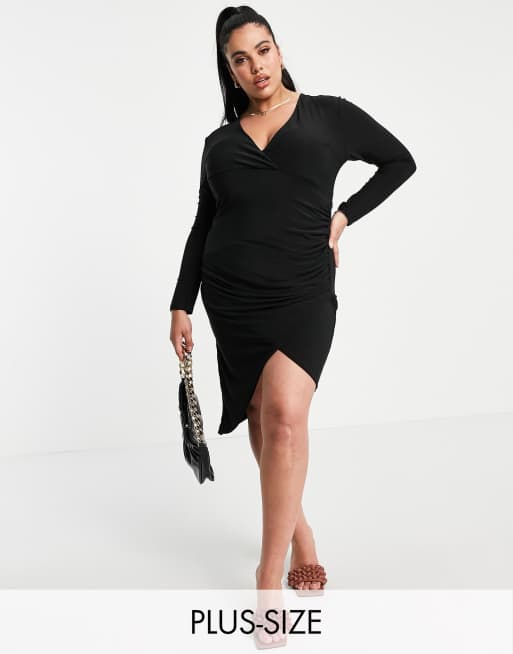 Club L London Plus ruched wrap front asymmetic midi dress in black