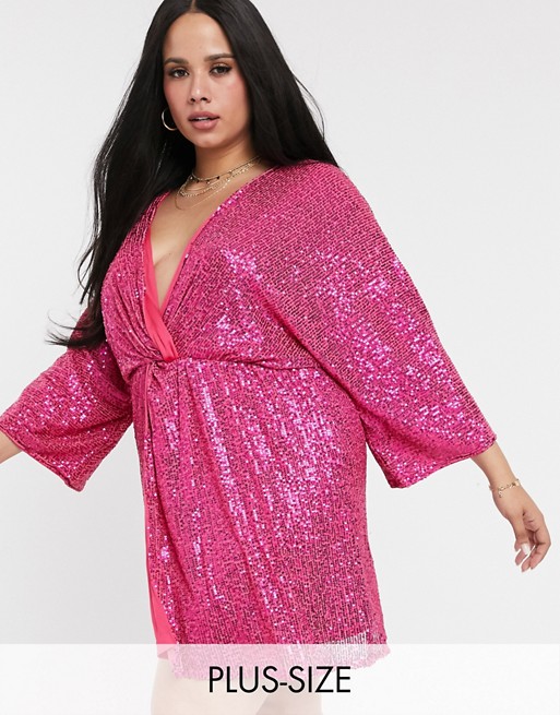 Club L London Plus sequin knot front mini dress with kimono sleeves in pink