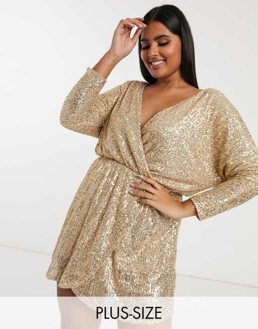Club L London Plus sequin plunge neck long sleeve mini dress in gold ASOS