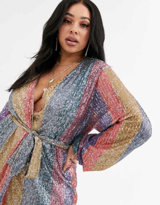 Club L London Plus sequin wrap front mini dress with belt detail in multi  stripe | ASOS