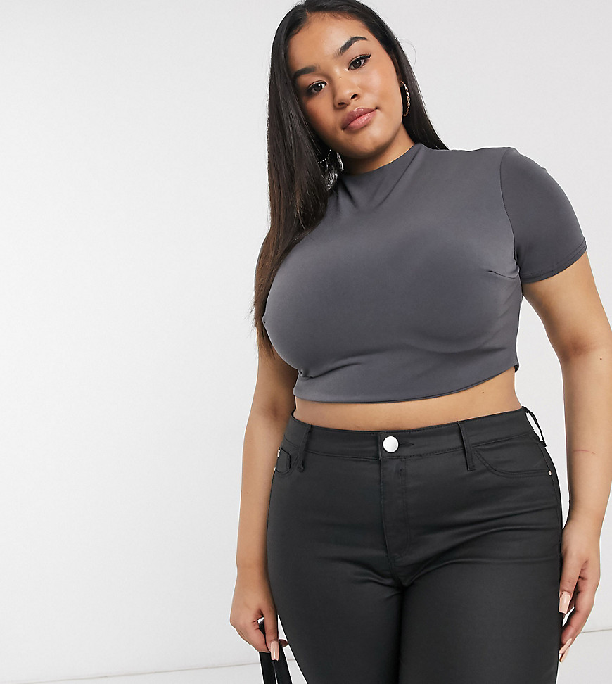 Club L London Plus slinky short sleeve crop top in charcoal - part of a set-Grey