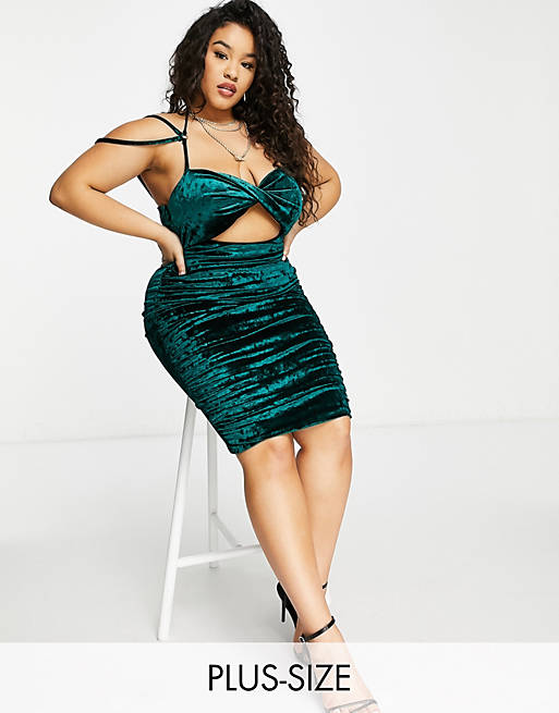 Club L London Plus velvet cut out bust detail ruched midi dress in emerald green