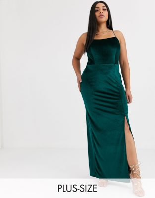 Club L London Plus velvet square neck maxi dress with thigh split in green