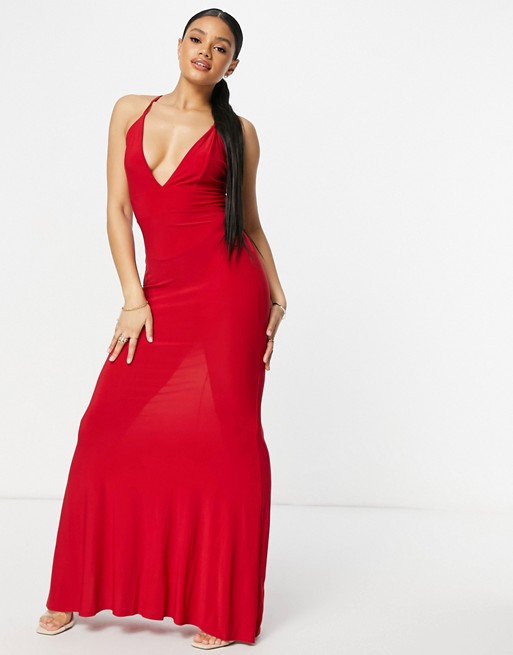 Club L London red plunge cross back fishtail maxi dress in red