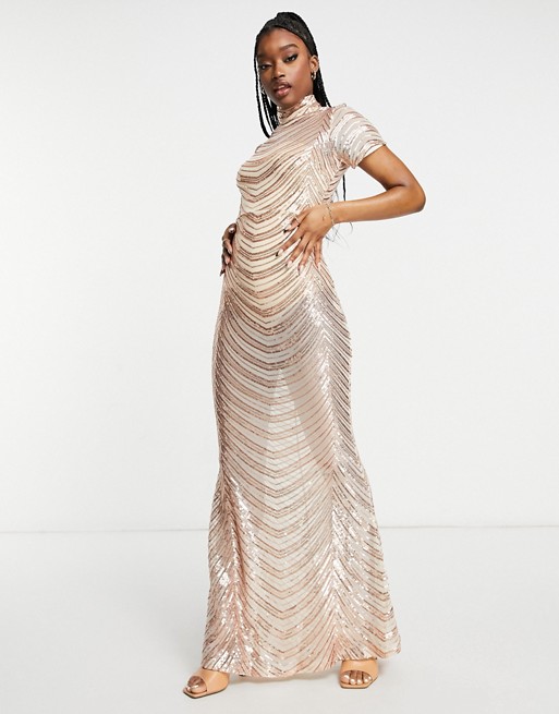 Club L London rose gold striped sequin high neck fishtail maxi dress in rose gold