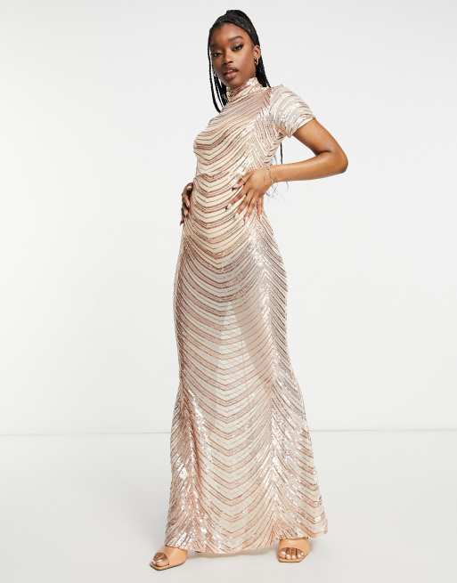 Club L London High Life | Rose Gold Sequin Square Neck Split Front Maxi Dress US 8 / Rose Gold