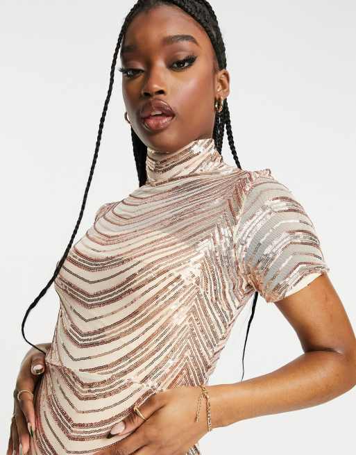 Club L London High Life | Rose Gold Sequin Square Neck Split Front Maxi Dress US 8 / Rose Gold