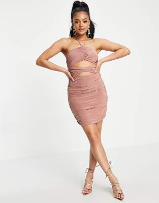 Club L London ruched cut out halterneck mini dress in pink - ASOS Price Checker