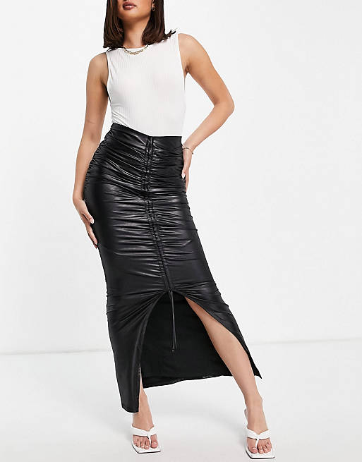 Club L London ruched front high split maxi skirt in black