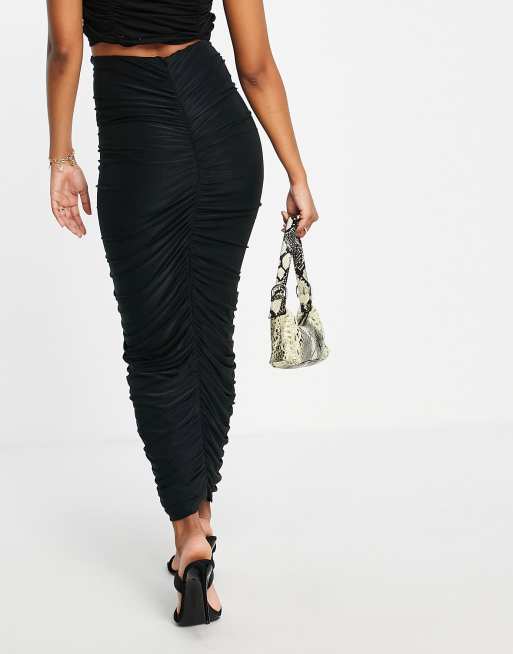 Black ruched 2025 maxi skirt