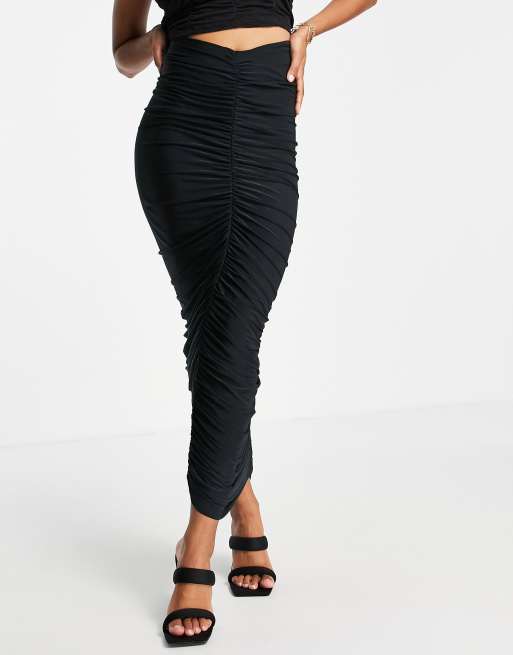 Black ruched shop maxi skirt