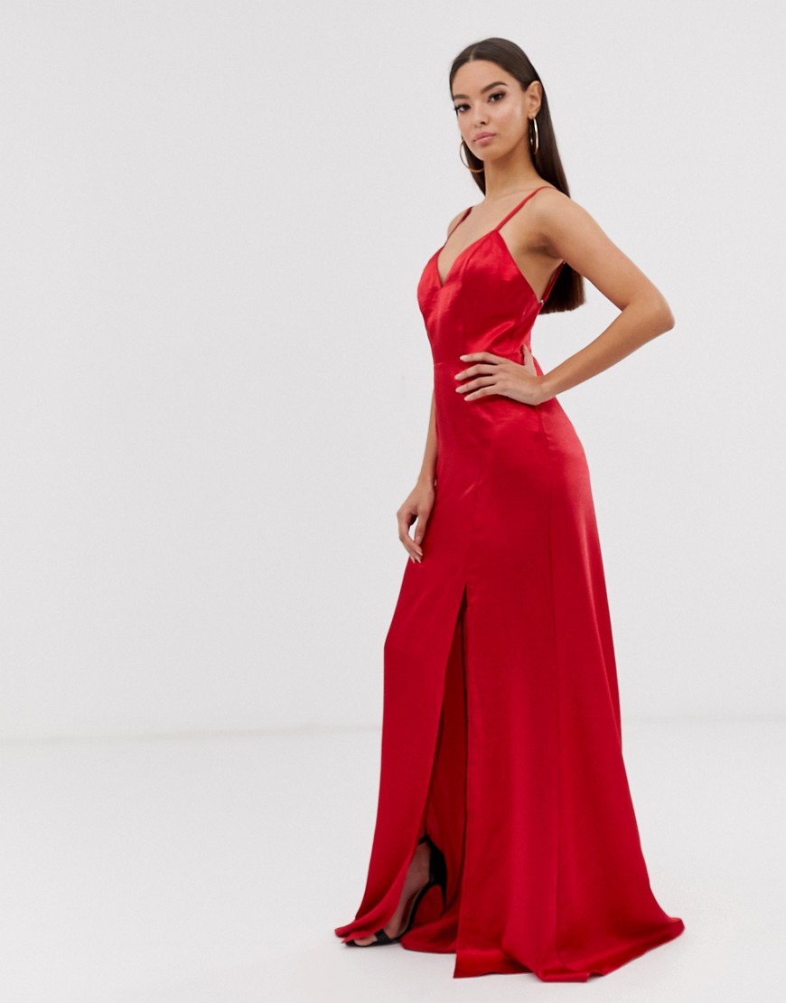 Club L London - Satijnen lange jurk met dijsplit-Rood