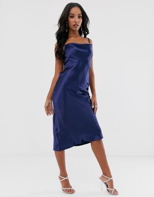navy blue satin midi dress