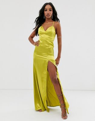 Club L London satin plunge front maxi dress with high thigh split in ...