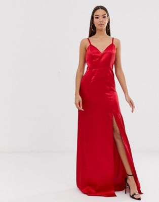 red thigh split maxi dress