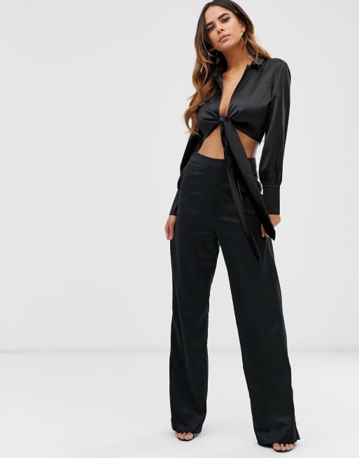 ASOS DESIGN satin wide leg trouser in black