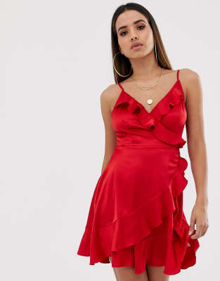 satin wrap ruffle dress