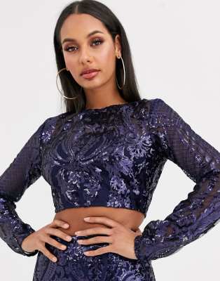 Club L London sequin baroque crop top in navy | ASOS