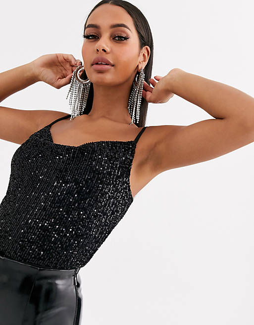 Club L London sequin cowl front body in black | ASOS