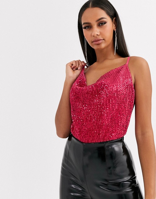 Club L London sequin cowl front body in pink