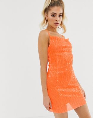 orange sequin mini dress