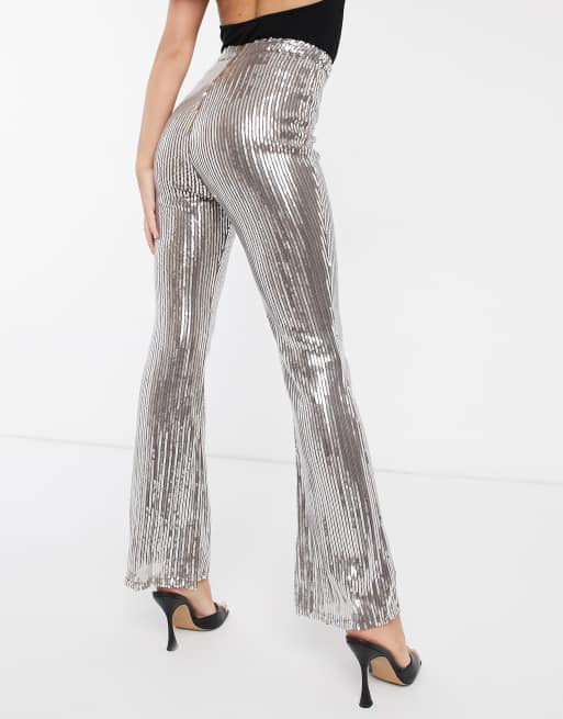 Club L London sequin flare leg trouser in silver