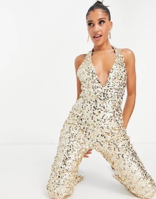 Saga Sequin Plunge Halter Jumpsuit in Gold