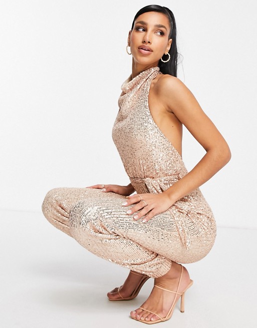Club L London sequin high neck cuffed detail jumpsuit in rose gold