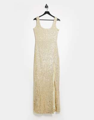 Club L London sequin maxi dress with thigh slit in light gold