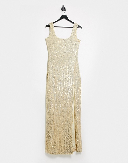 Club L London sequin maxi dress with thigh split in light gold