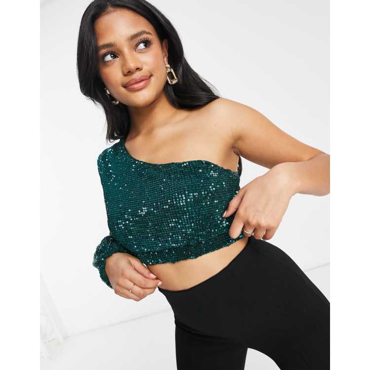 Club L London sequin one shoulder crop top in emerald green | ASOS