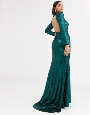 Club L London sequin open back fishtail maxi dress in emerald green