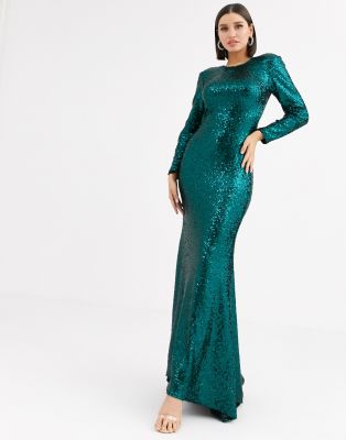 bottle green sequin high neck fishtail maxi dress