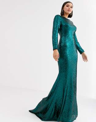 bottle green sequin high neck fishtail maxi dress